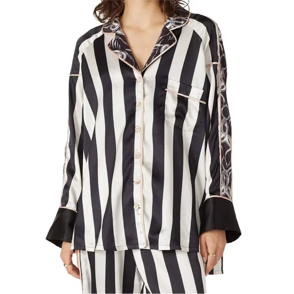 We Are Hah HAHT Striped Printed Button Down Satin Long Sleeve Pajama Shirt Sz XL - Picture 2 of 12